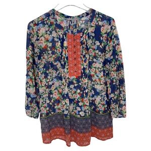 Daniel Rainn Boho Floral Peasant Art to Wear Roll Tab Sleeves Sheer Blouse Top